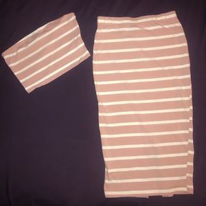 Pink and White Striped Crop Top+Skirt Set
